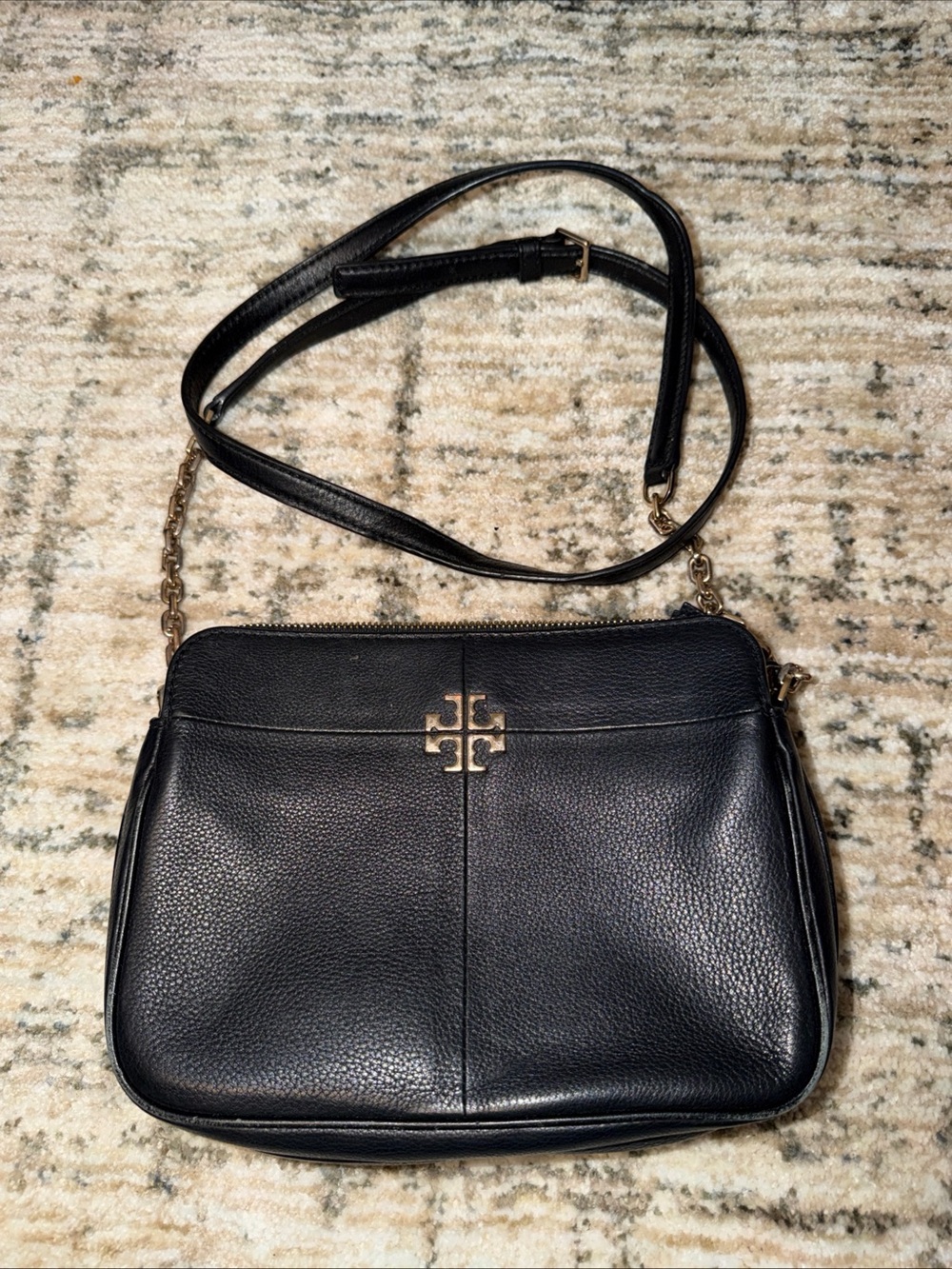 Tory Burch Black Pebbled Leather Logo Crossbody with Gold Hardware